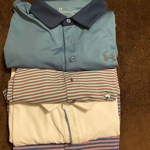 4 large polos 2 southern shirt company, 1 under armour, and 1 J. Crew